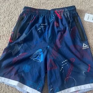 Reebok Blue and Red Athletic Shorts with Geometric Design